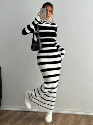 MOOSTA Casual Chic Colorblock Striped Long Sweater Dress - Negative Apparel