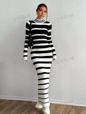 MOOSTA Casual Chic Colorblock Striped Long Sweater Dress - Negative Apparel