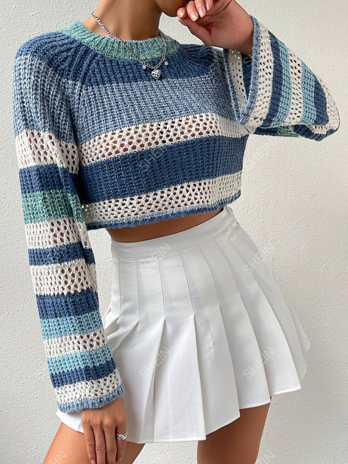 MOOSTA Colorblock Raglan Sleeve Pointelle Knit Crop Sweater - Negative Apparel