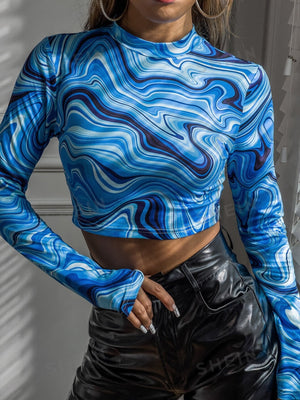 MOOSTA Marble Print Mock Neck Crop Tee - Negative Apparel