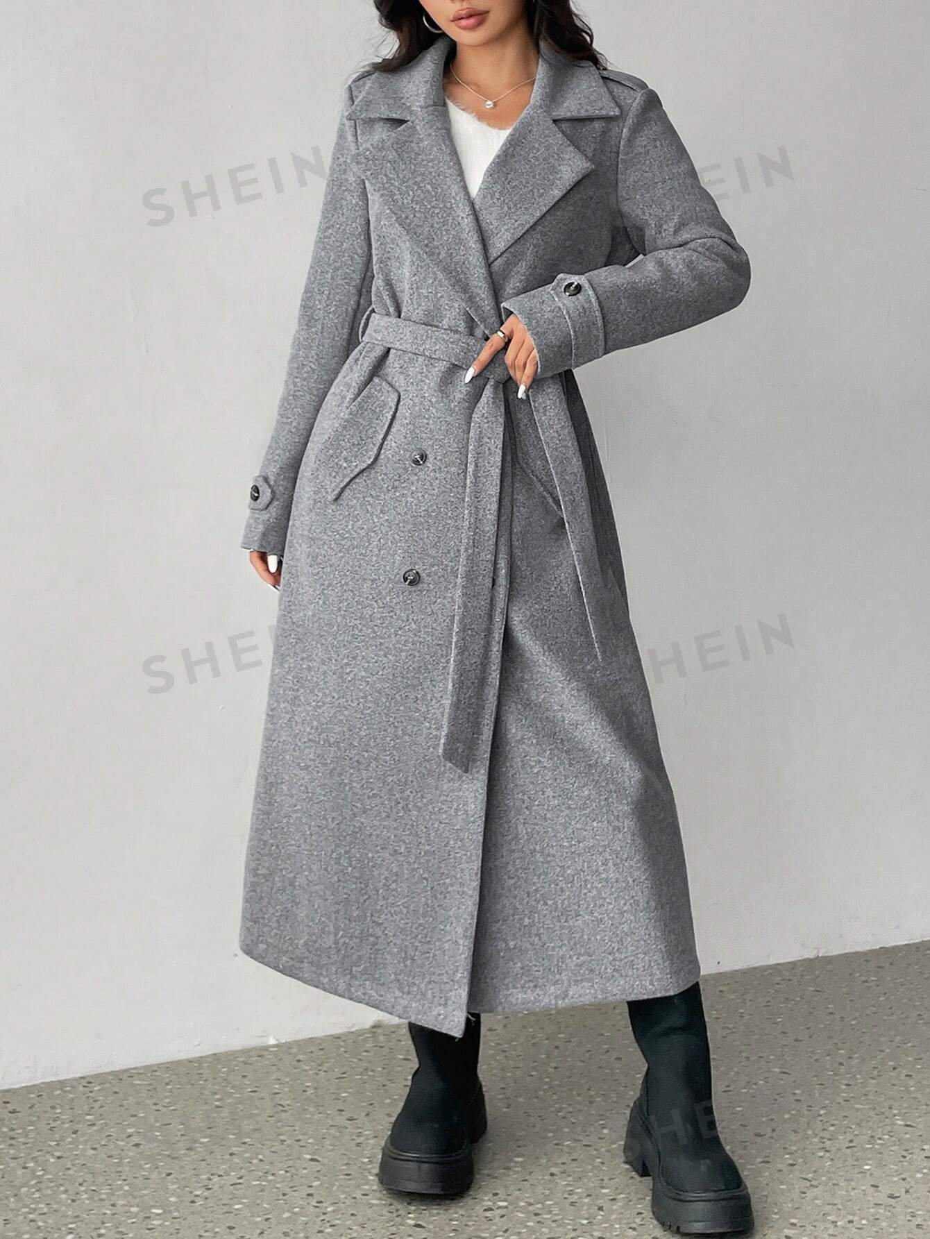 MOOSTA Sophisticated Versatile Padded Shoulder Lapel Double - Breasted Long Detachable - Waistband Woolen Coat - Negative Apparel