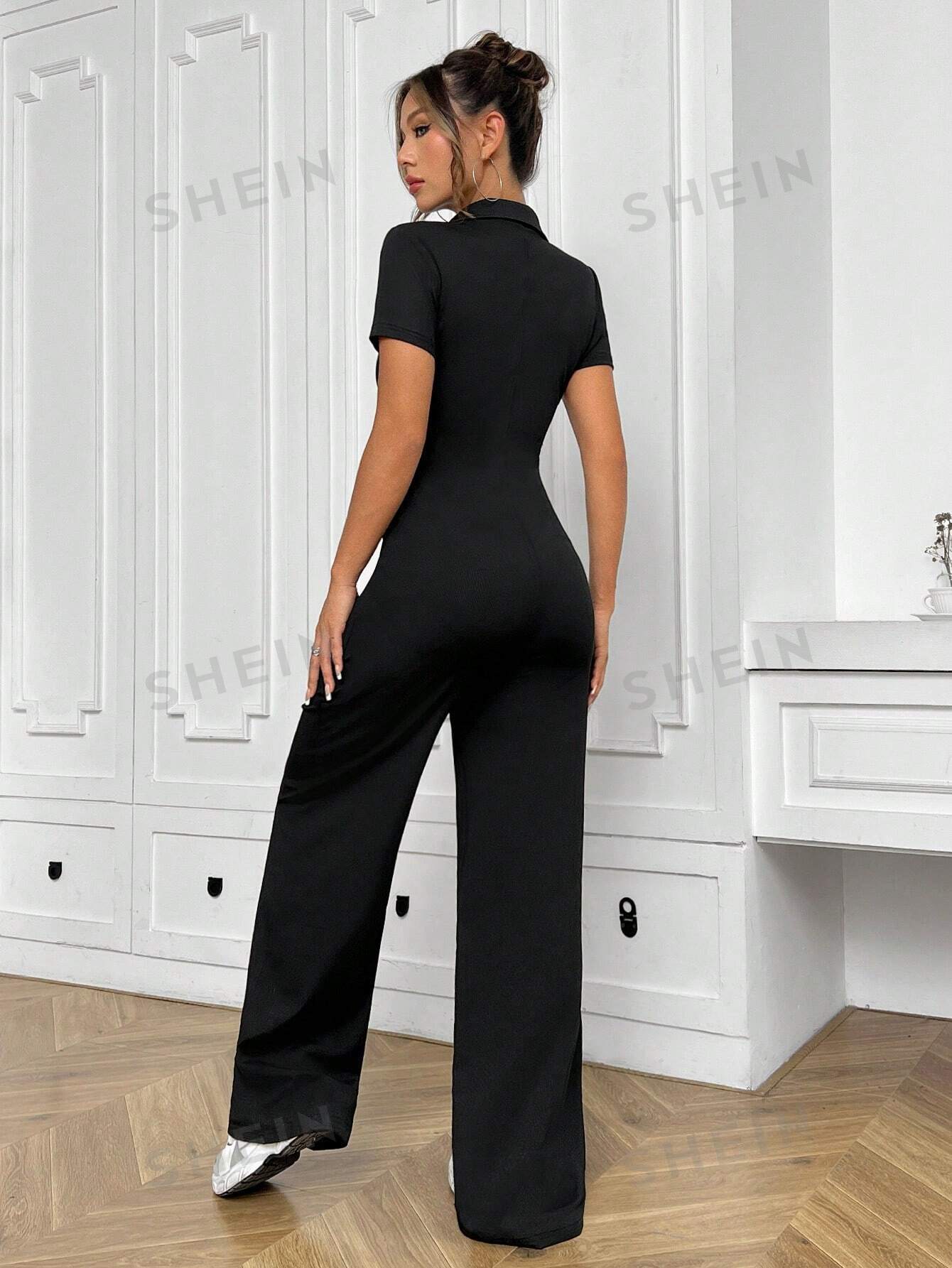 MOOSTA Turn - Down Collar Solid Color Front Button Short Sleeve Wide Leg Jumpsuit - Negative Apparel