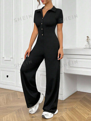 MOOSTA Turn - Down Collar Solid Color Front Button Short Sleeve Wide Leg Jumpsuit - Negative Apparel