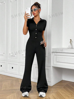 MOOSTA Turn - Down Collar Solid Color Front Button Short Sleeve Wide Leg Jumpsuit - Negative Apparel