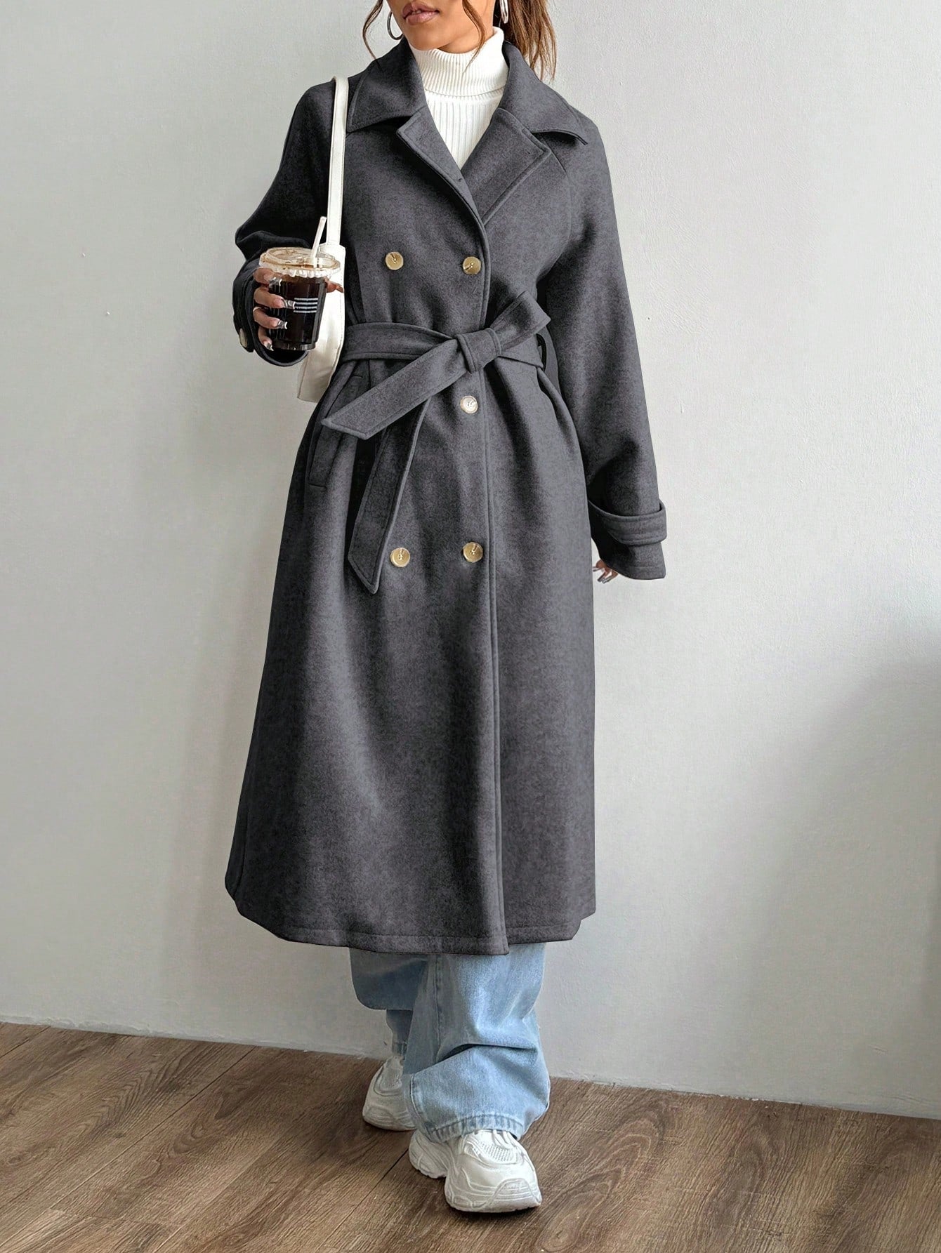 MOOSTA Women's Solid Color Notched Collar Double - Breasted Long Casual Wool Coat - Negative Apparel