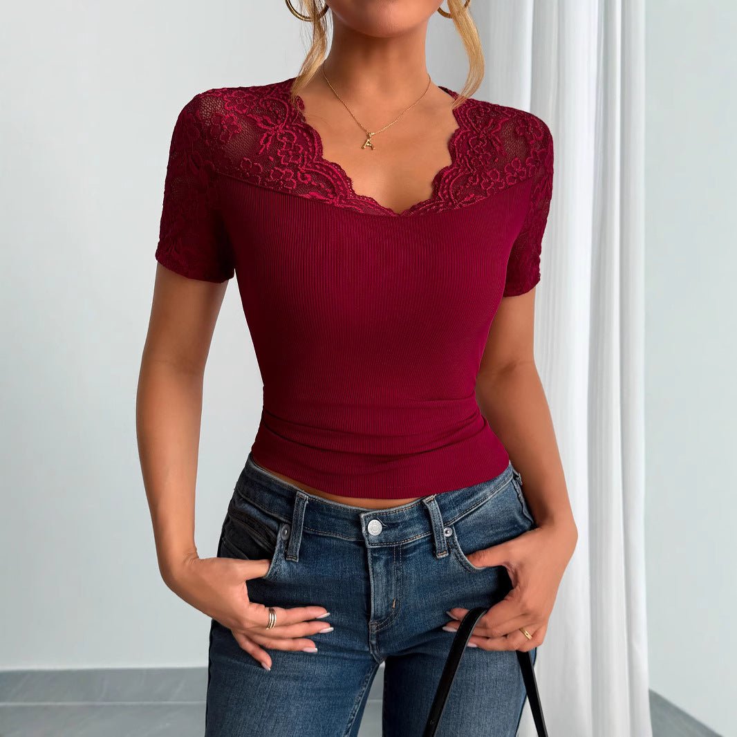 Neckline cuffs splicing lace lace short - sleeved clothes spring - Negative Apparel