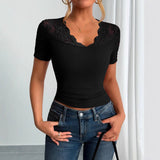 Neckline cuffs splicing lace lace short - sleeved clothes spring - Negative Apparel
