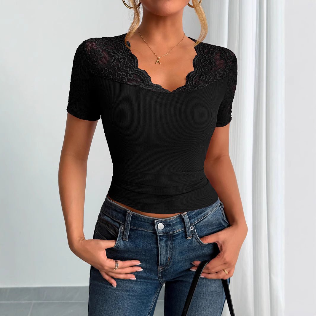 Neckline cuffs splicing lace lace short - sleeved clothes spring - Negative Apparel