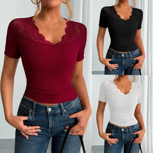 Neckline cuffs splicing lace lace short - sleeved clothes spring - Negative Apparel