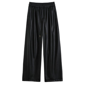 Negative Apparel Women’s High - Waist PU Leather Wide - Leg Pants – Elegant Commuter Straight Fit with Lacing Detail | Autumn 2025 Collection - Negative Apparel