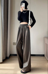 Negative Apparel Women’s High - Waist PU Leather Wide - Leg Pants – Elegant Commuter Straight Fit with Lacing Detail | Autumn 2025 Collection - Negative Apparel