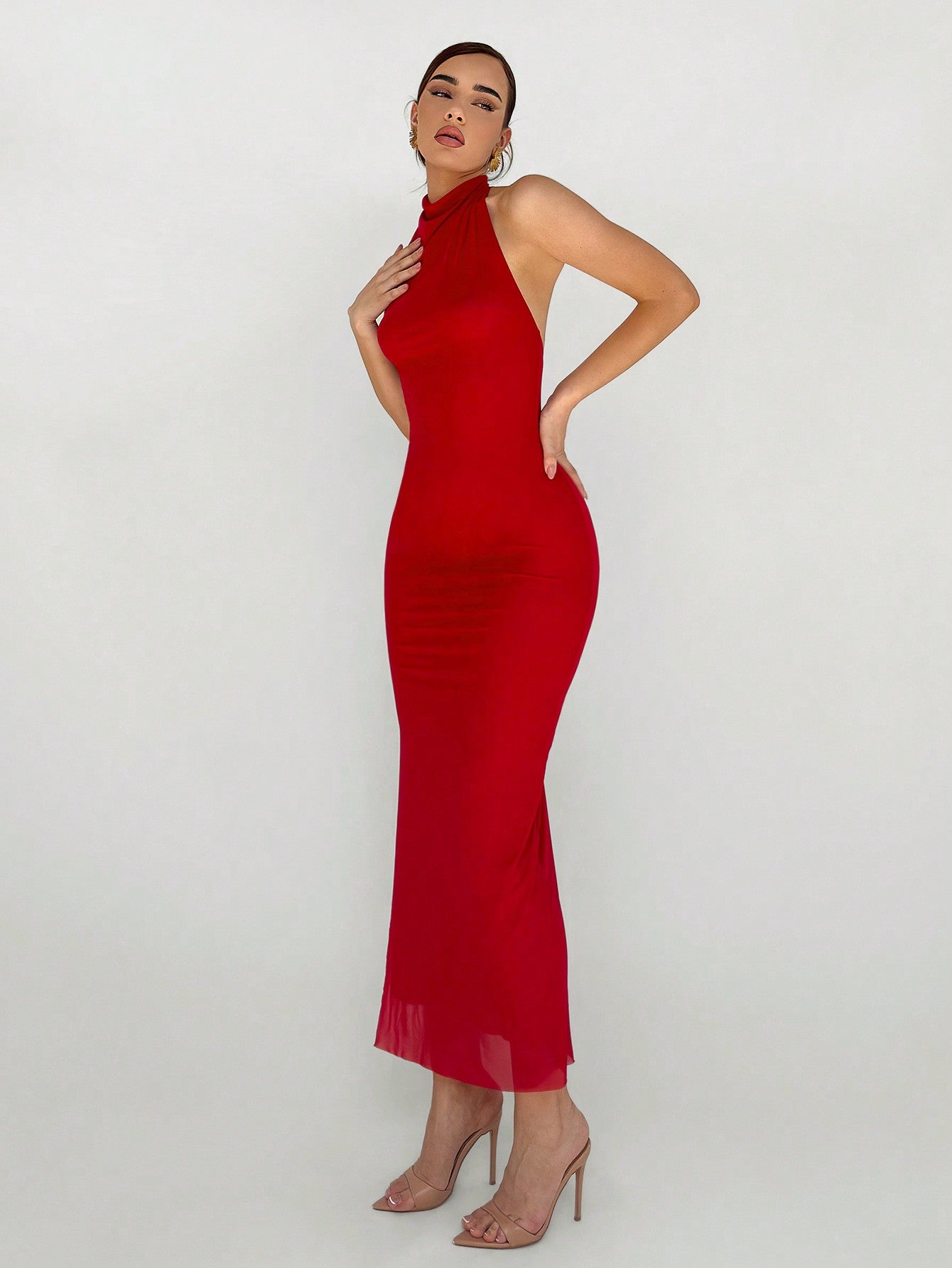 New Arrival Red Double Layer Mesh Sexy Backless Design Minimalist Sexy Style High Slit Round Neck Cocktail Dress, Elegant And Versatile Long Bodycon Dress - Negative Apparel