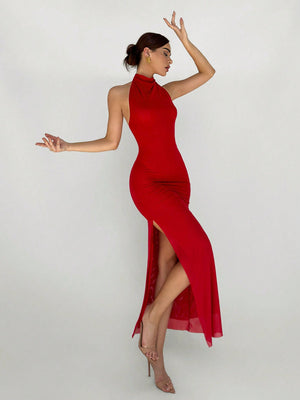 New Arrival Red Double Layer Mesh Sexy Backless Design Minimalist Sexy Style High Slit Round Neck Cocktail Dress, Elegant And Versatile Long Bodycon Dress - Negative Apparel