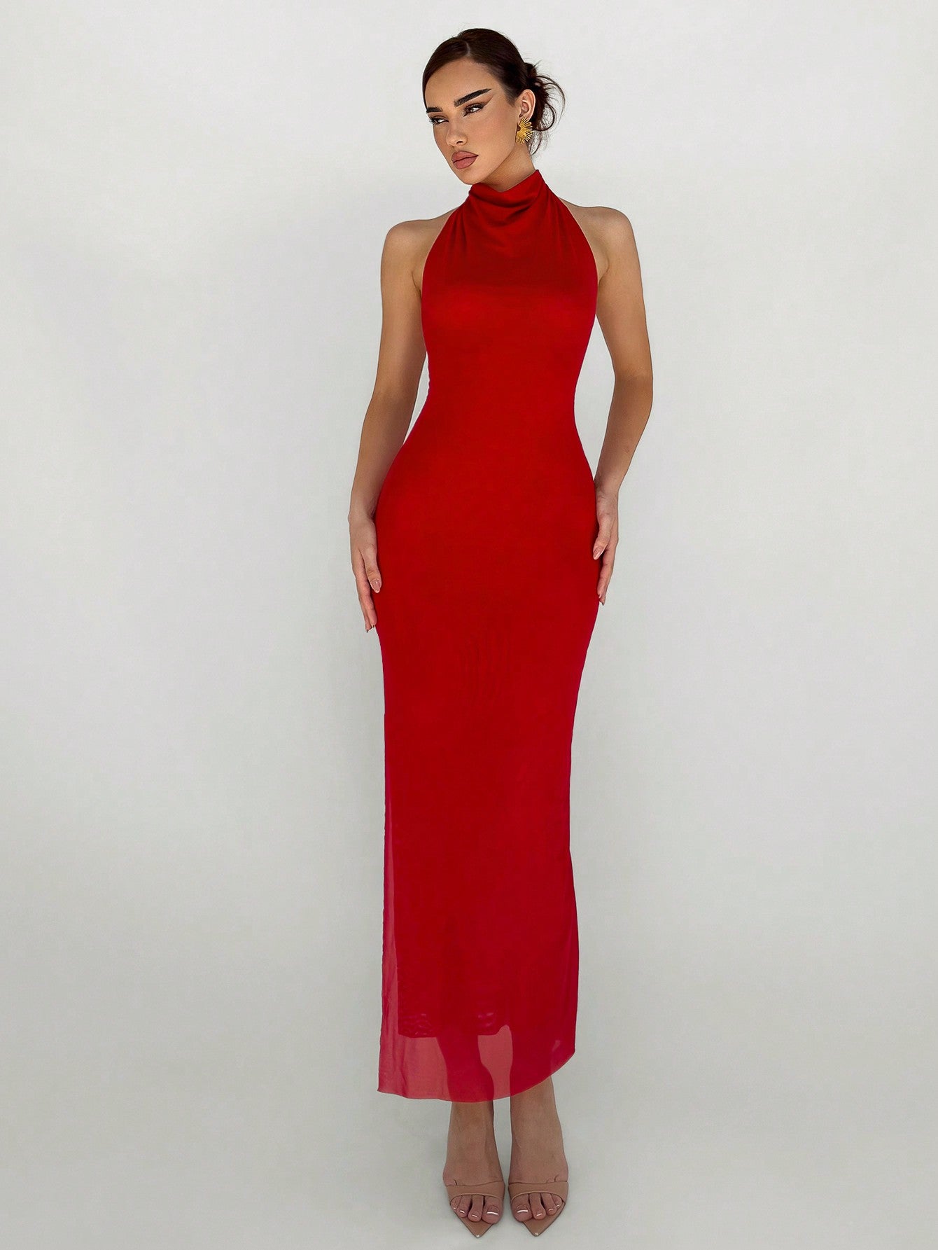 New Arrival Red Double Layer Mesh Sexy Backless Design Minimalist Sexy Style High Slit Round Neck Cocktail Dress, Elegant And Versatile Long Bodycon Dress - Negative Apparel