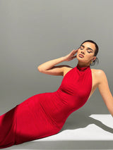 New Arrival Red Double Layer Mesh Sexy Backless Design Minimalist Sexy Style High Slit Round Neck Cocktail Dress, Elegant And Versatile Long Bodycon Dress - Negative Apparel