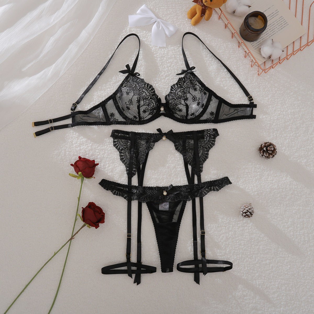 New Black Perspective Embroidery Sexy Slim Shaping Sex Underwear Split Set - Negative Apparel