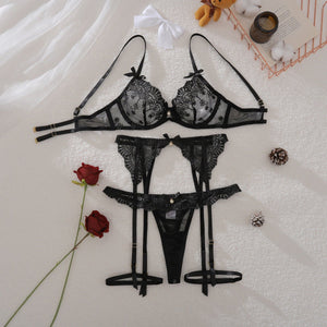 New Black Perspective Embroidery Sexy Slim Shaping Sex Underwear Split Set - Negative Apparel