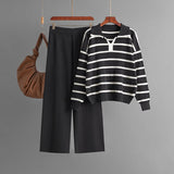 New contrast striped V - neck niche design knitted top high waist wide leg pants two - piece suit - Negative Apparel