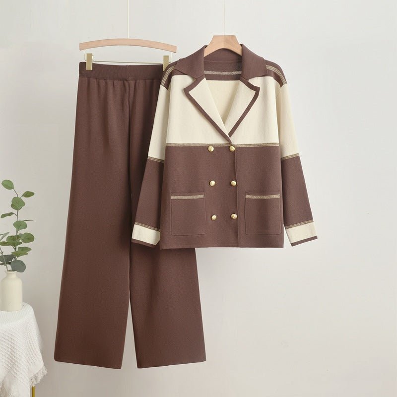 New double - breasted knitted top wide - leg pants two - piece set - Negative Apparel