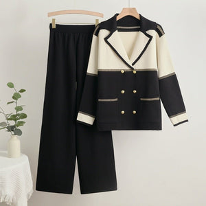 New double - breasted knitted top wide - leg pants two - piece set - Negative Apparel