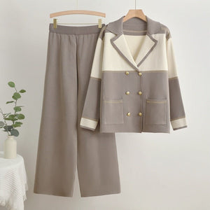 New double - breasted knitted top wide - leg pants two - piece set - Negative Apparel