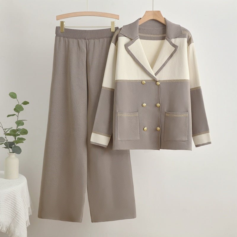New double - breasted knitted top wide - leg pants two - piece set - Negative Apparel
