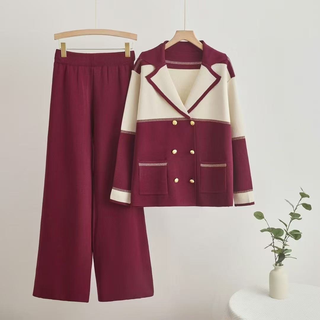 New double - breasted knitted top wide - leg pants two - piece set - Negative Apparel