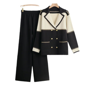 New double - breasted knitted top wide - leg pants two - piece set - Negative Apparel
