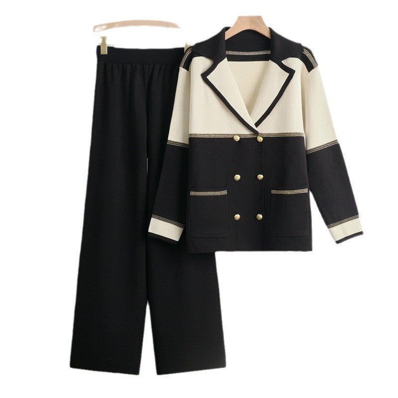 New double - breasted knitted top wide - leg pants two - piece set - Negative Apparel