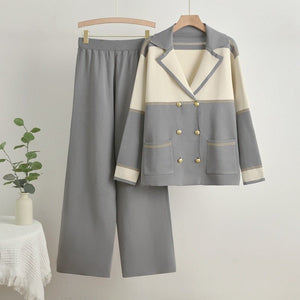 New double - breasted knitted top wide - leg pants two - piece set - Negative Apparel