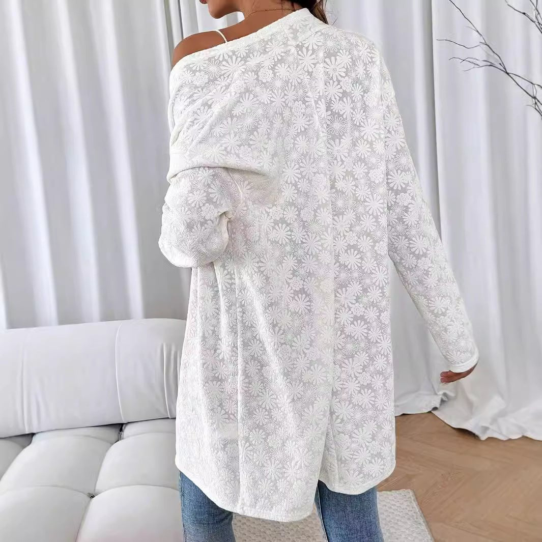 New elegant color knitted jacquard long - sleeved long cardigan top women's jacket - Negative Apparel