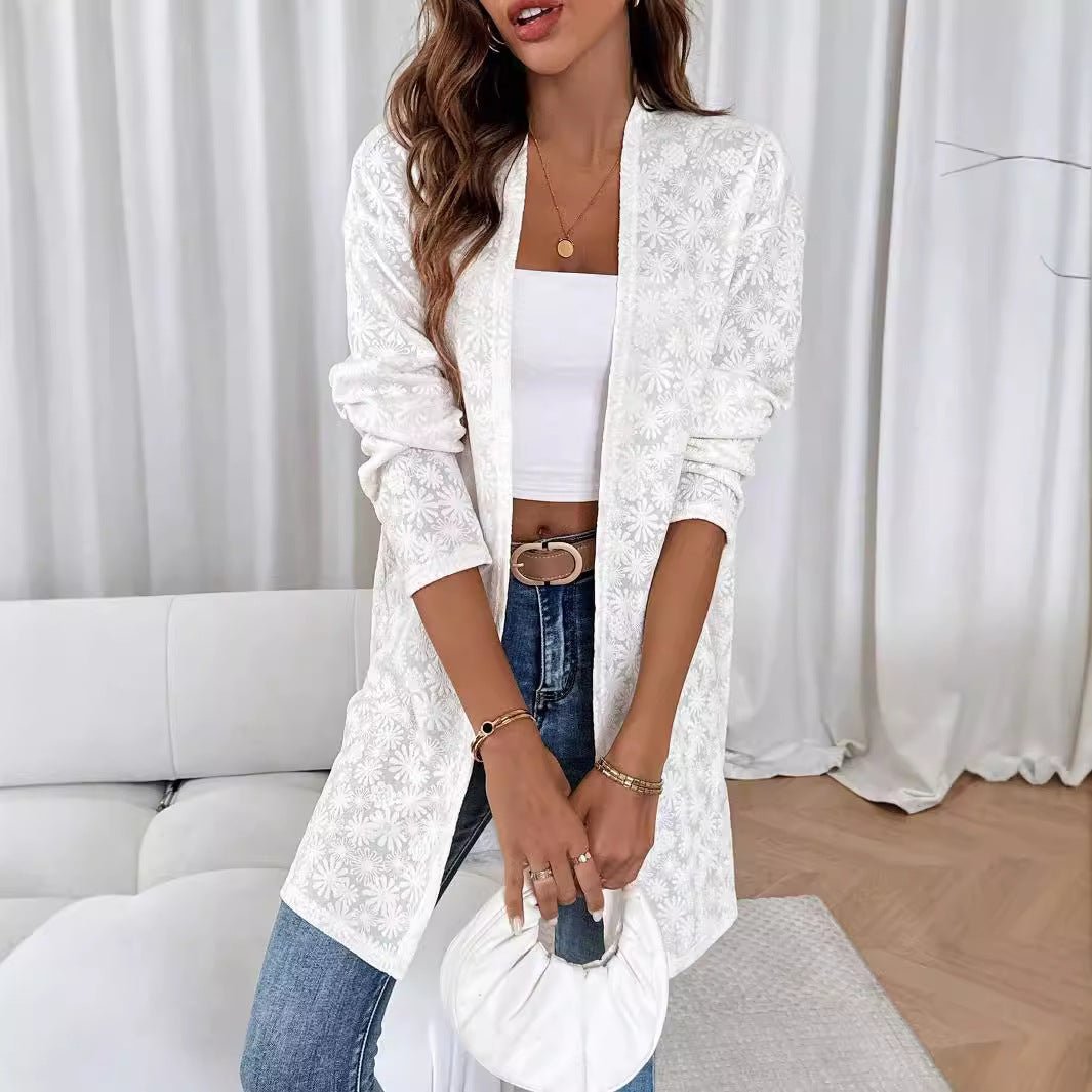New elegant color knitted jacquard long - sleeved long cardigan top women's jacket - Negative Apparel