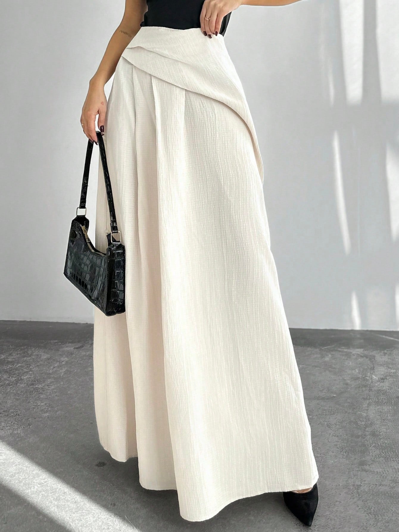 New Elegant High Waist Women's Pleated A - Line Maxi Skirt, Apricot Color - Negative Apparel