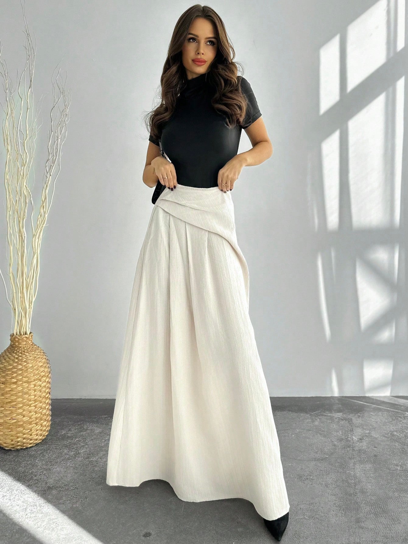 New Elegant High Waist Women's Pleated A - Line Maxi Skirt, Apricot Color - Negative Apparel