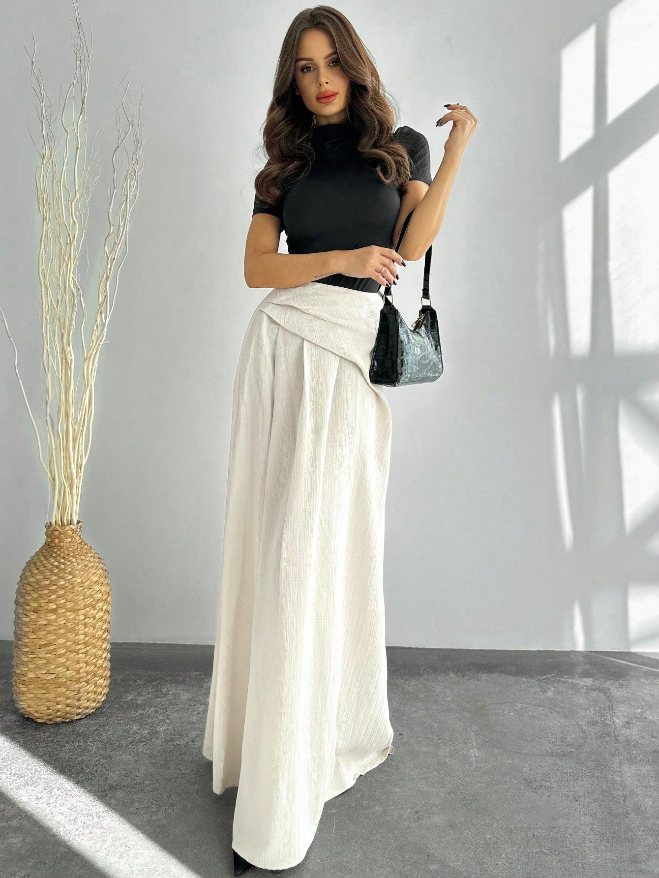 New Elegant High Waist Women's Pleated A - Line Maxi Skirt, Apricot Color - Negative Apparel