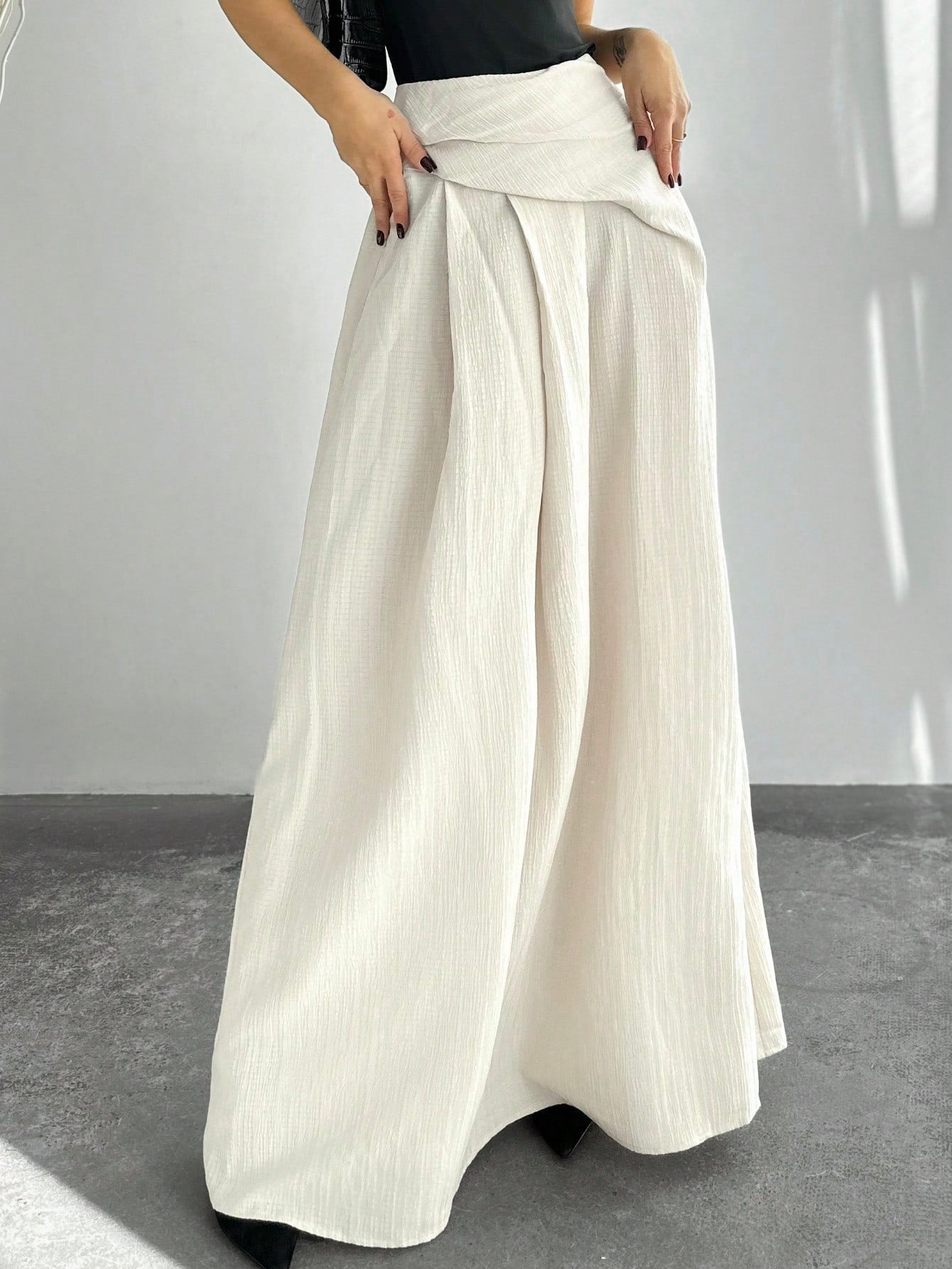 New Elegant High Waist Women's Pleated A - Line Maxi Skirt, Apricot Color - Negative Apparel