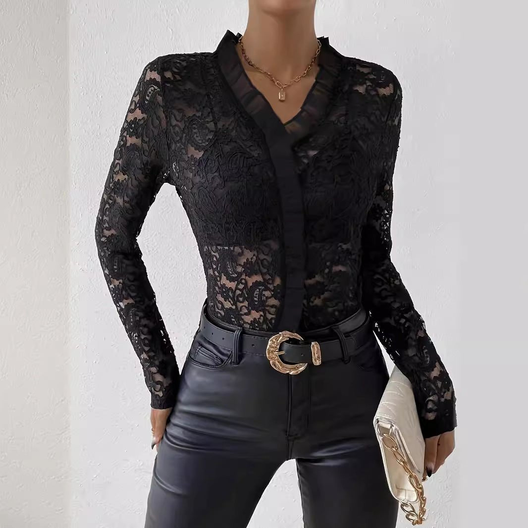 New elegant ruffle edge single - layer cashew flower lace T-shirt top women - Negative Apparel