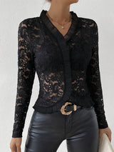 New elegant ruffle edge single - layer cashew flower lace T-shirt top women - Negative Apparel