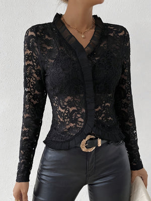 New elegant ruffle edge single - layer cashew flower lace T-shirt top women - Negative Apparel