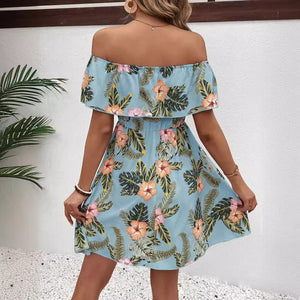 New elegant women's fashion printed off - the - shoulder collar dress - Negative Apparel
