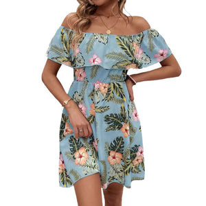 New elegant women's fashion printed off - the - shoulder collar dress - Negative Apparel