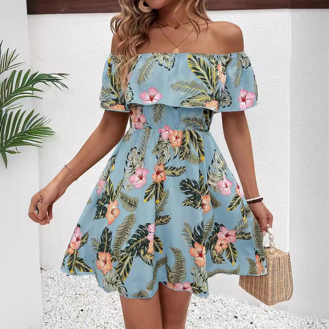 New elegant women's fashion printed off - the - shoulder collar dress - Negative Apparel