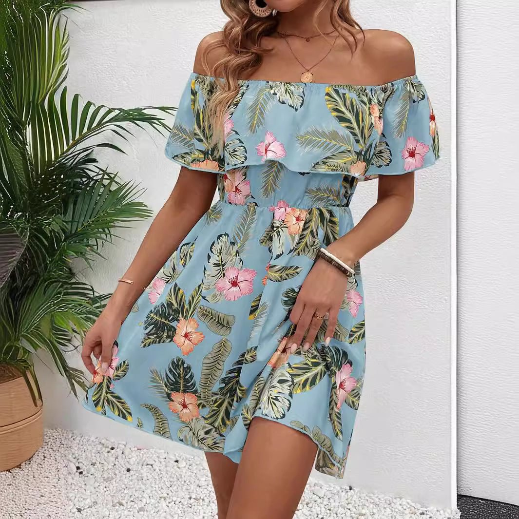 New elegant women's fashion printed off - the - shoulder collar dress - Negative Apparel
