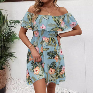 New elegant women's fashion printed off - the - shoulder collar dress - Negative Apparel