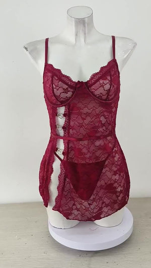 New European and American Style Lace Split Transparent Nightdress Camisole Set - Negative Apparel