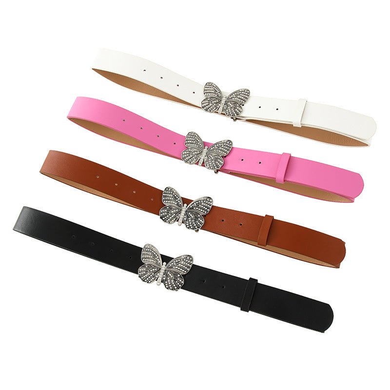 New fashion rhinestone inlaid women's belt butterfly buckle dress fashionable and versatile personality belt - Negative Apparel