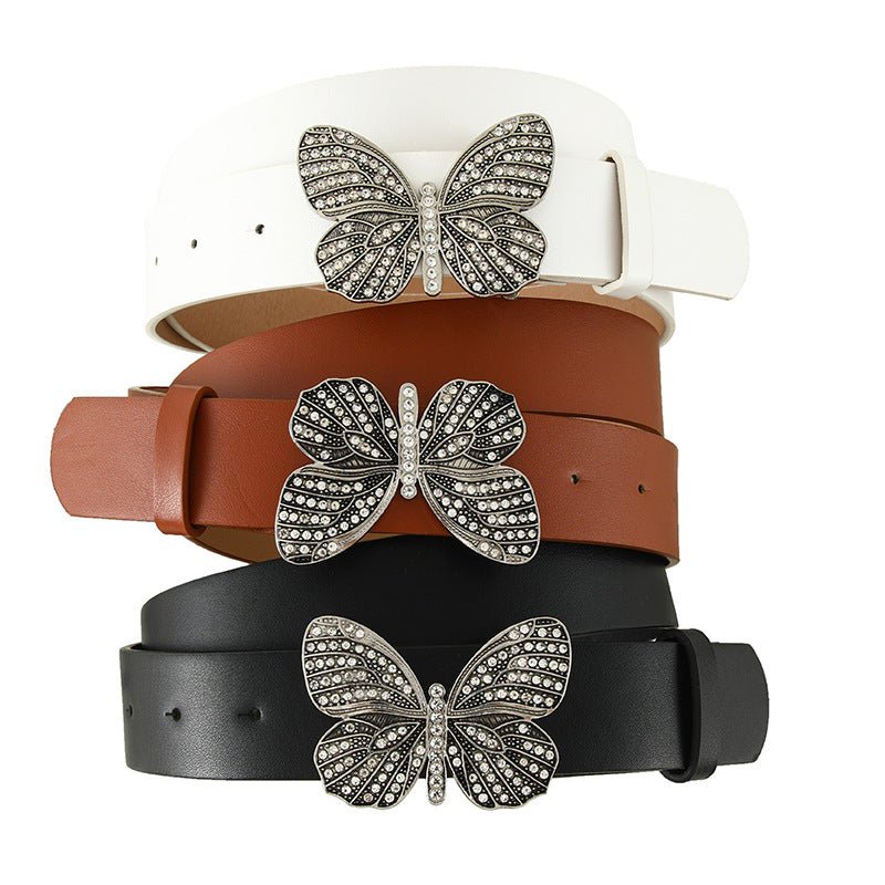 New fashion rhinestone inlaid women's belt butterfly buckle dress fashionable and versatile personality belt - Negative Apparel