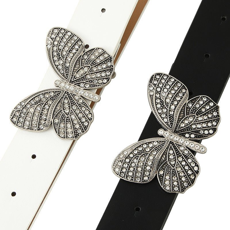 New fashion rhinestone inlaid women's belt butterfly buckle dress fashionable and versatile personality belt - Negative Apparel