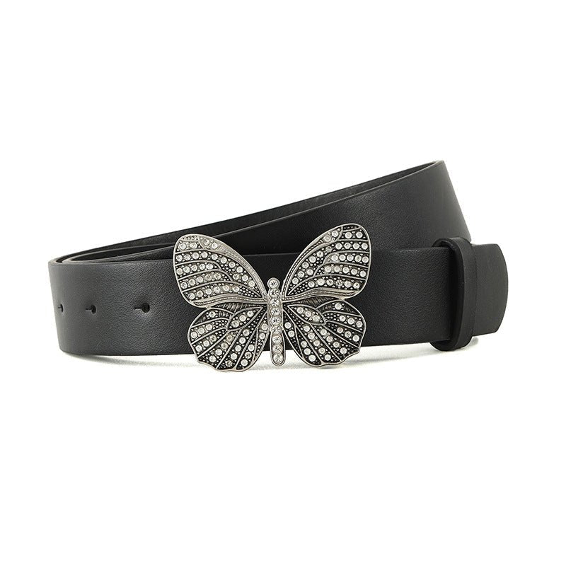 New fashion rhinestone inlaid women's belt butterfly buckle dress fashionable and versatile personality belt - Negative Apparel