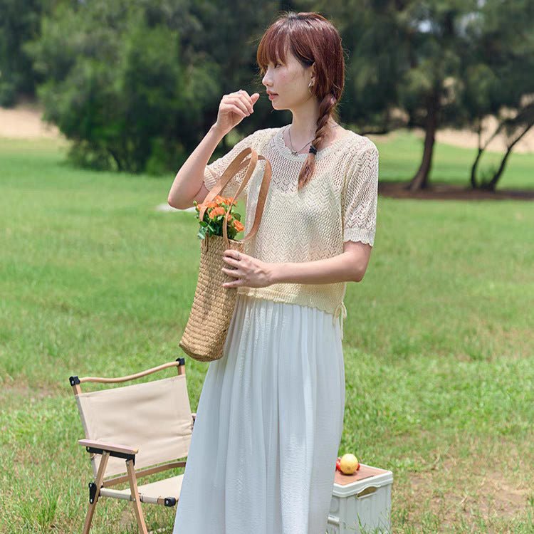 New French gentle apricot ice silk knitted short - sleeved women's summer thin loose drawstring hollow blouse top - Negative Apparel